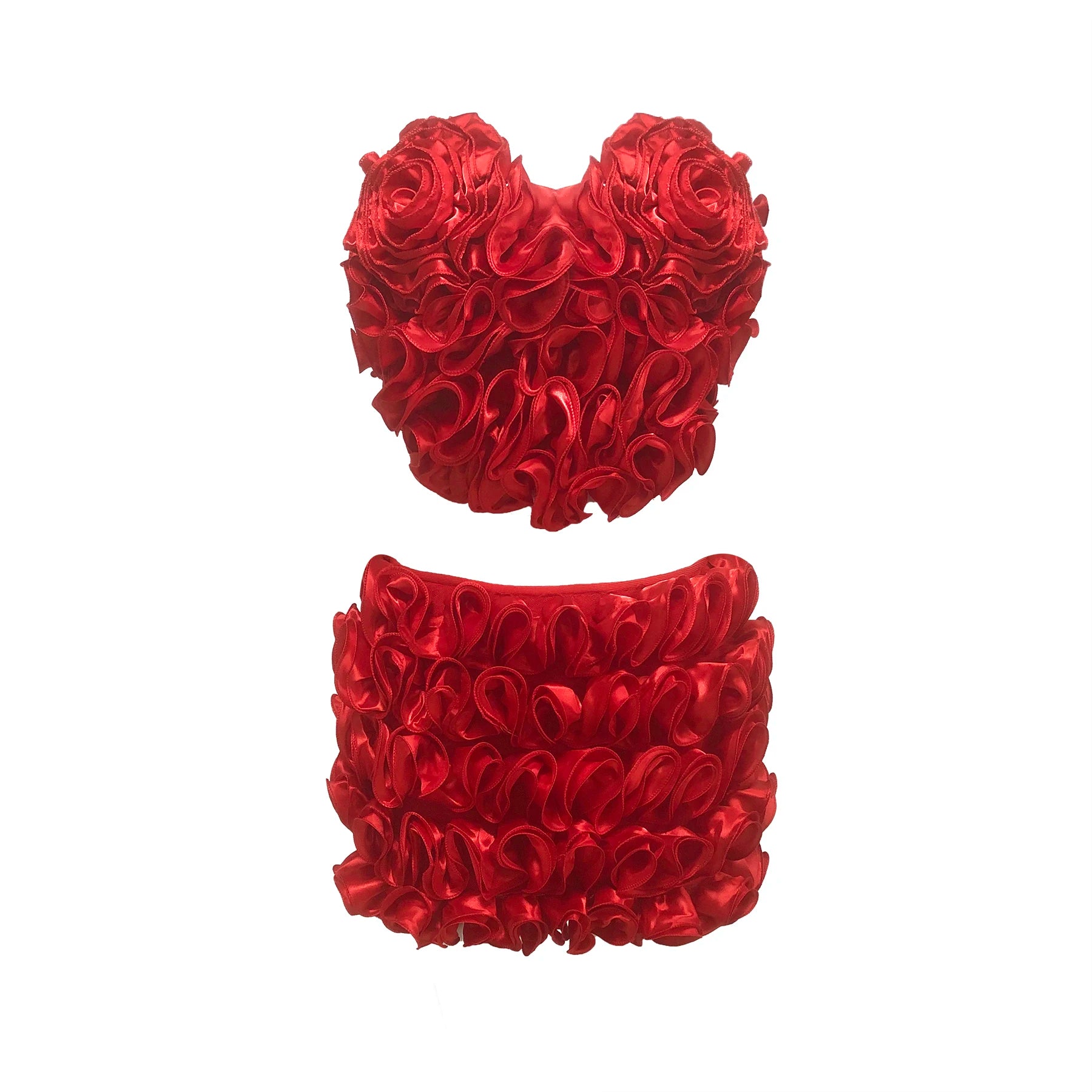 Fashion Passionate Red Two-Piece Set Dress Strapless Rose Embellished Crop Top and Mini Skirt Party Gown Red