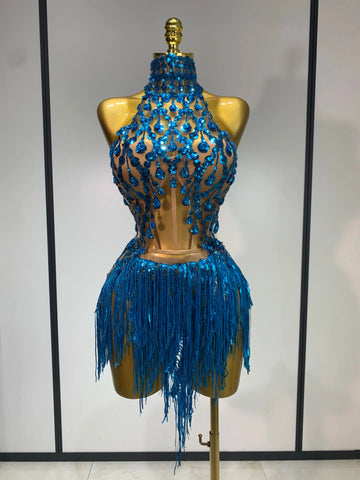 Women Sexy Shinning Rhinestone Tassels Two Pieces Set Nightclub Evening Party Birthday Bar Dancer Performance Stage Costume Blue
