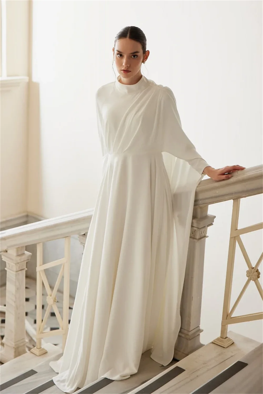 Muslim White Prom Dresses Chiffon A-line فساتين السهرة Graceful Undetachable Shawl High Crew Neck vestidos de fiesta