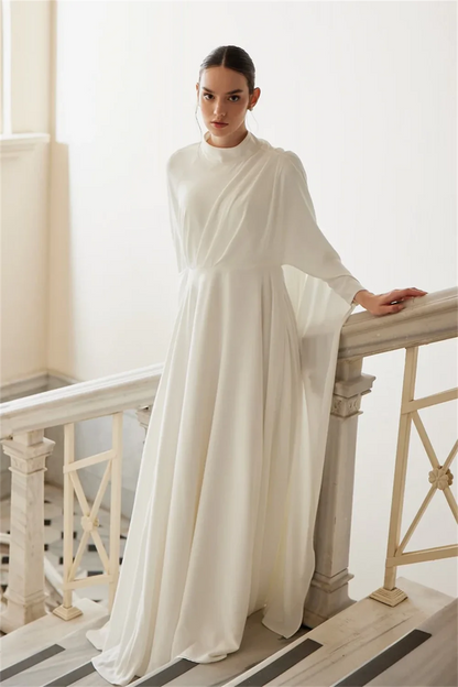 Muslim White Prom Dresses Chiffon A-line فساتين السهرة Graceful Undetachable Shawl High Crew Neck vestidos de fiesta