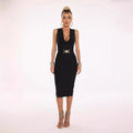 Fashion Diamond Girdle Sleeveless Package Hips Midi Calf Bandage Dress Elegant Woman Evening Dress Celebrity Party Vestido