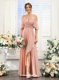 Pink Spaghetti-Strap Bridesmaid Dresses Chiffon V-Neck Ruffles A-Line Split Floor-Length Wedding Guest Dresses Customized