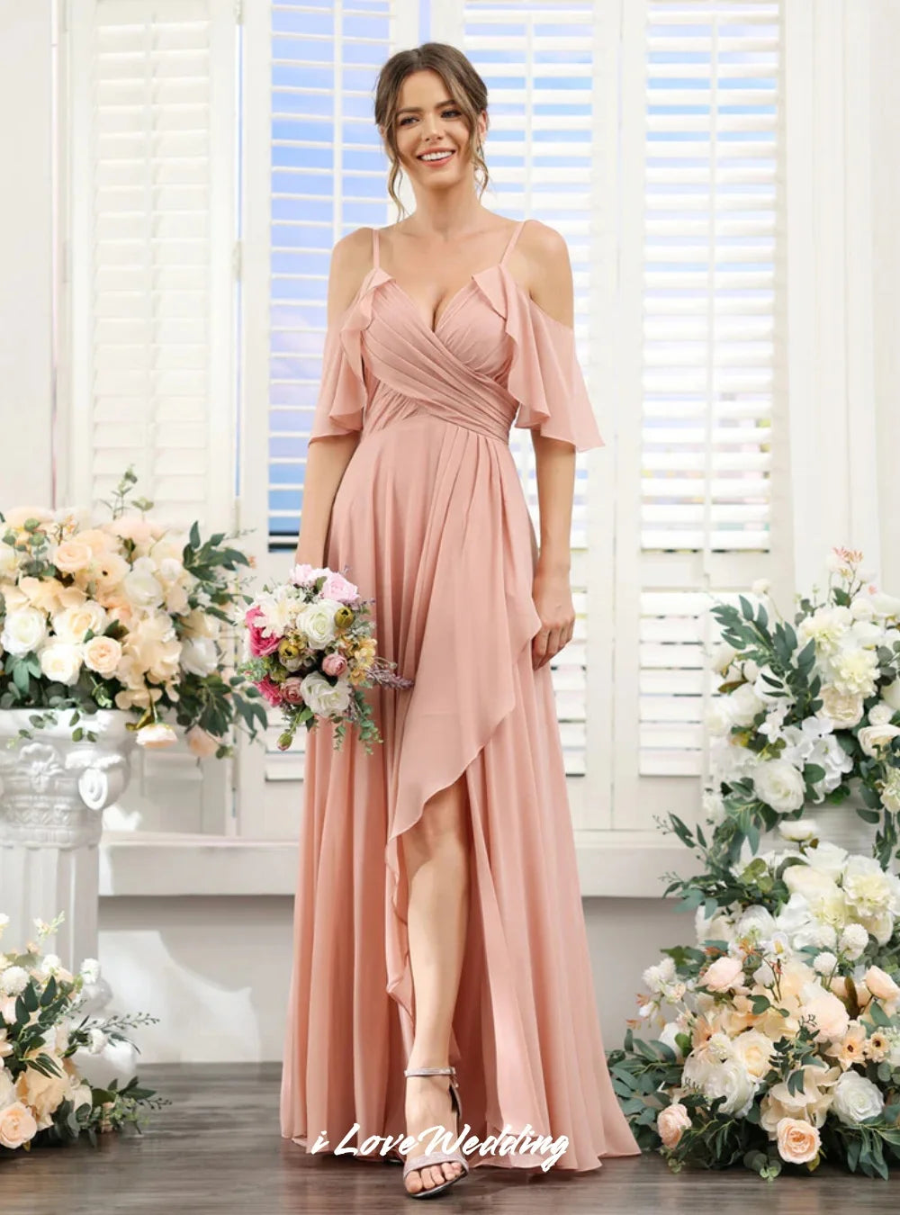 Pink Spaghetti-Strap Bridesmaid Dresses Chiffon V-Neck Ruffles A-Line Split Floor-Length Wedding Guest Dresses Customized