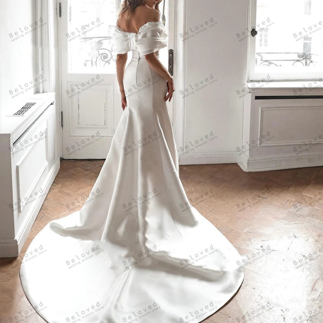 Gaun Perkahwinan Satin Gaun pengantin yang elegan dari jubah leher bot bahu untuk pesta rasmi Vestidos de Novia