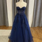 Navy Blue Evening Dresses Tulle Lace Applique Rhoenstone Strapless Sweetheart A Line Long Floor Length Prom Gowns Custom made