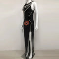 Big Eyes And Red Lips Patterned Diamonds High Slit Black Long Dress Woman Birthday Party Vestido Celebrity Party Outfit