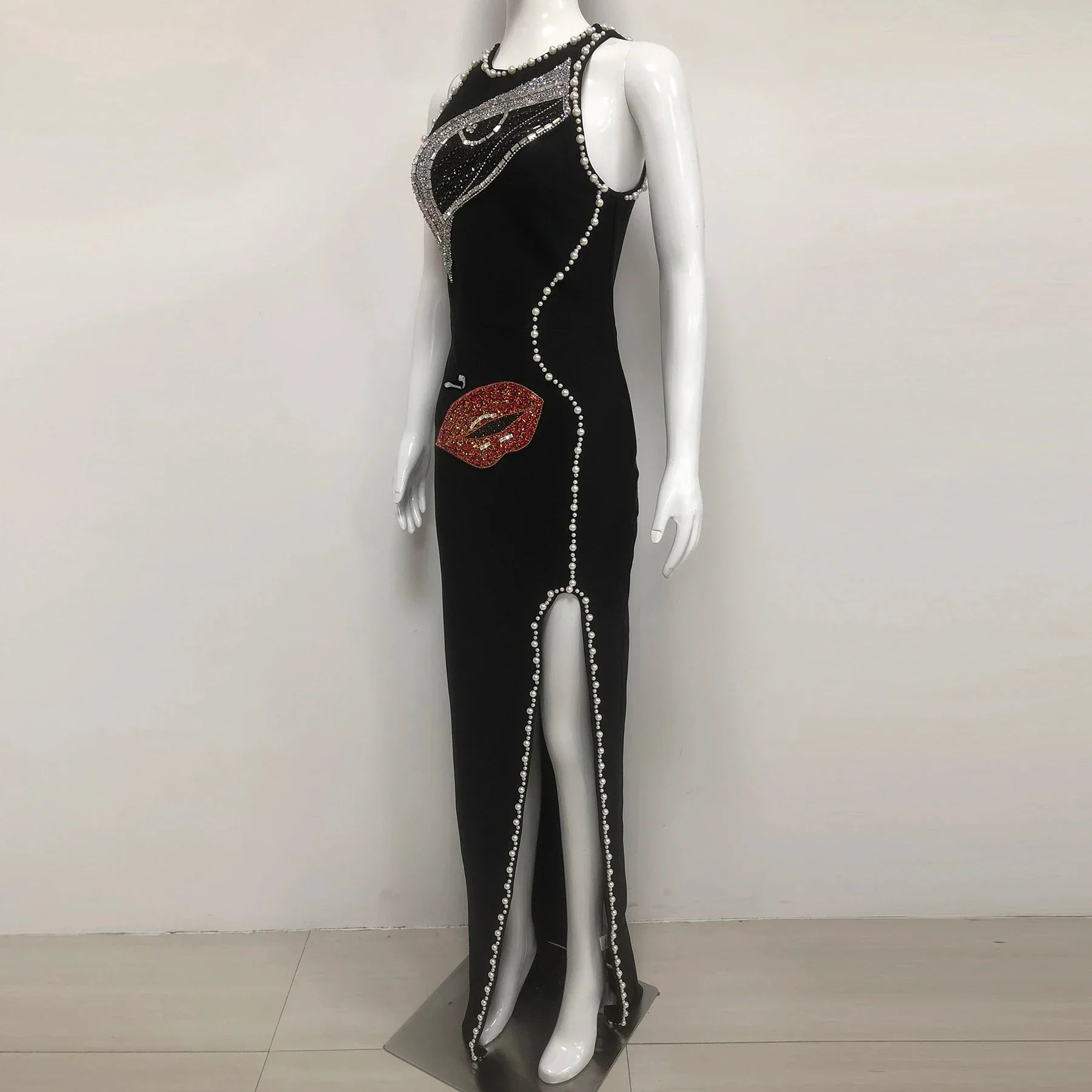 Big Eyes And Red Lips Patterned Diamonds High Slit Black Long Dress Woman Birthday Party Vestido Celebrity Party Outfit