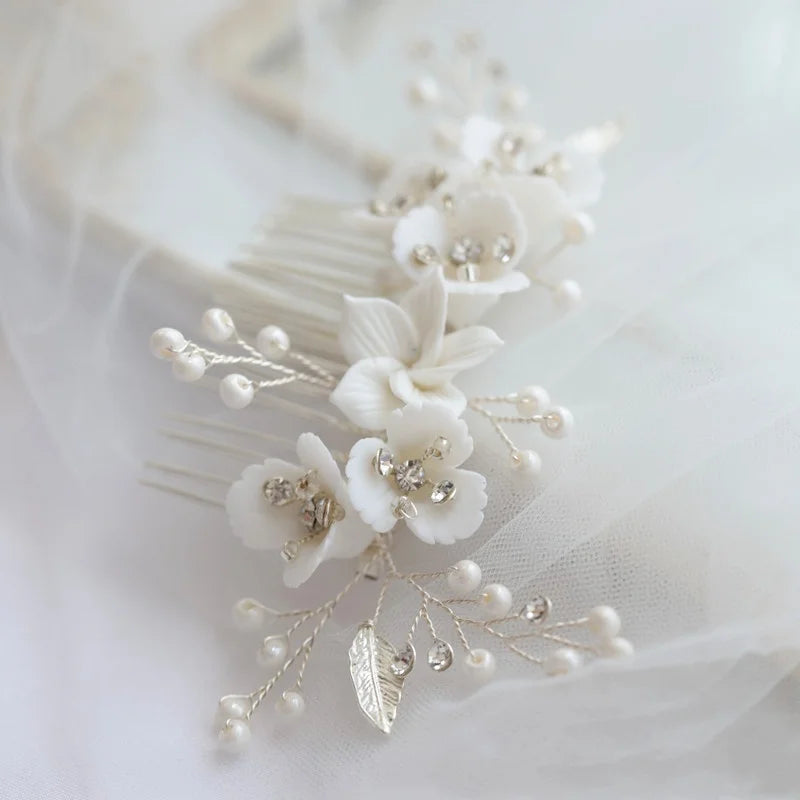 Flower Bridal Hair Comb Headpieces For Wedding Hair Accessories Pearl Bride Hairpin Hair Clips Prom Wedding Hair Piece Headdress sliver