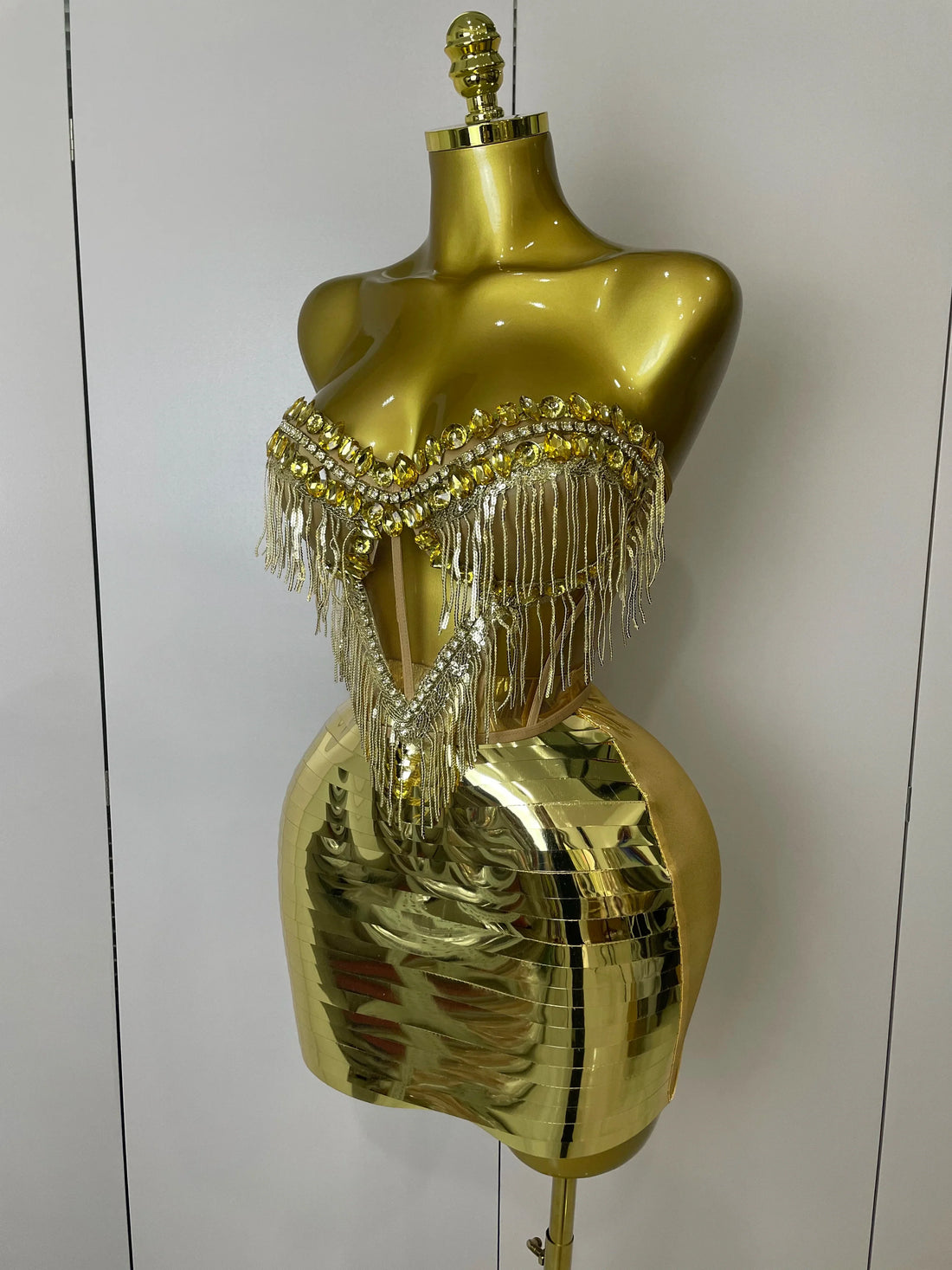 Sparkly Gold Rhinstones tassels Top Skirt Two-piec Set Women Sexy Strapless Designer Nightclub Evening Party Stage Outfit Gold
