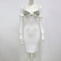 EXquisite Beading Shining Diamonds Lace Up Spaghetti Strap Knee Length Dress Hotsweet Woman Bandage Dress Evening Party Outfit WHITE