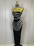 Women Sexy Backless Strapless Black Beading Long Bandage Bodycon Dress Celebrity Elegant Evening Luxury Birthday Dresses