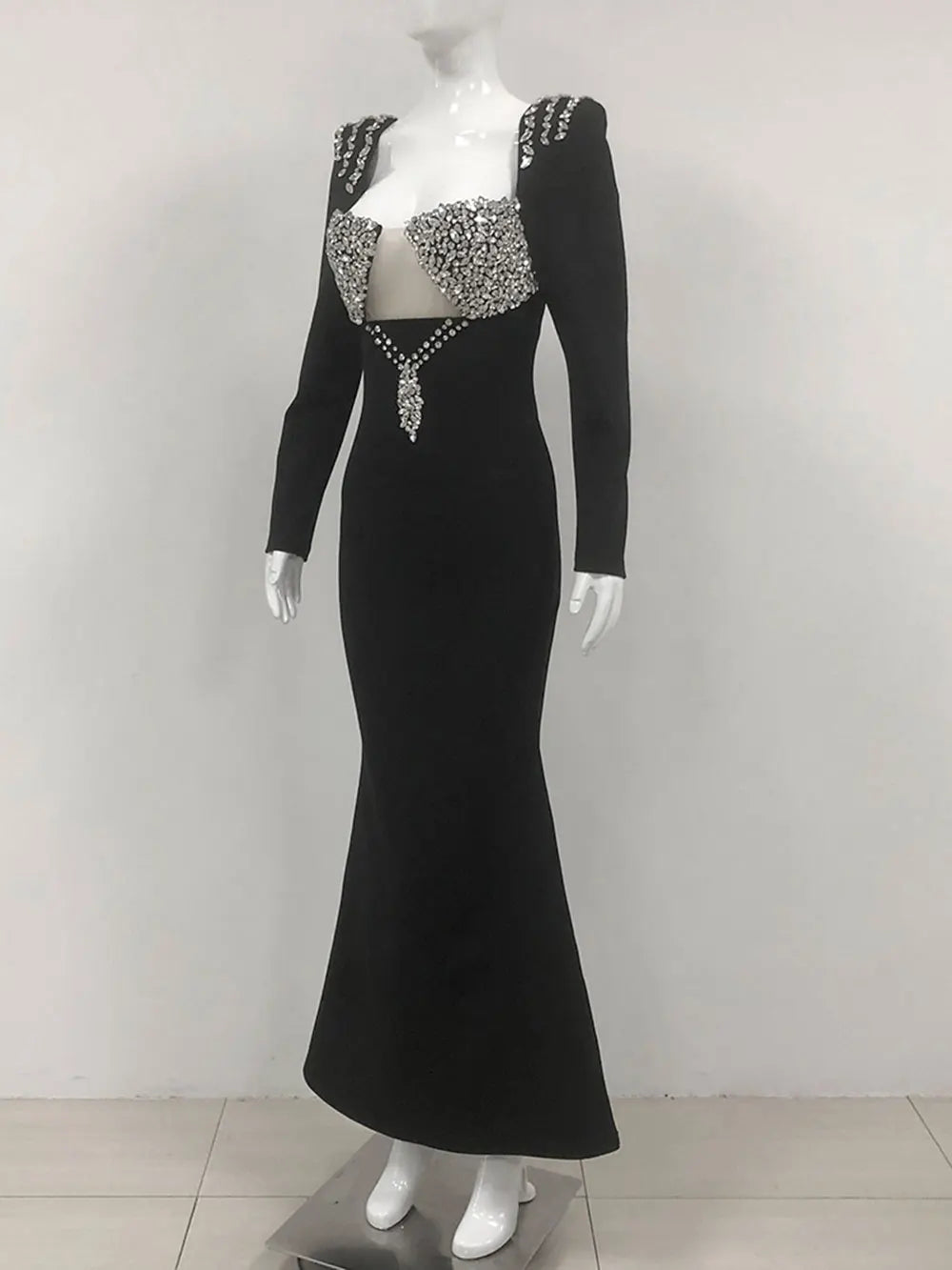 Elegant Light Luxury Nail Diamond Tail Dress Women Long Sleeve Bodycon Bandage Dress Celebrity Evening Party Long Dress Vestidos black