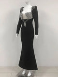 Elegant Light Luxury Nail Diamond Tail Dress Women Long Sleeve Bodycon Bandage Dress Celebrity Evening Party Long Dress Vestidos