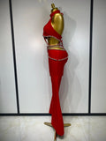 Women Luxury Rhinestone Red Sexy Cut Out Two Piece Pants Bandage Set Celebrity Designer Fashion Women's Set Stage Outfit
