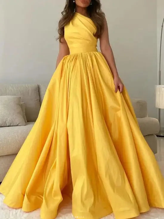 Yellow Evening Dresses Satin Long One Shoulder Pleats A Line Floor Length Front Slit Formal Party Prom Gowns Custom made yellow