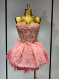 Sparkly Sequins Ruffles Two Pieces Set Sexy Backless Top Skirt Set Nightclub Performance Dance Dress Singer Stage Outfit Pink