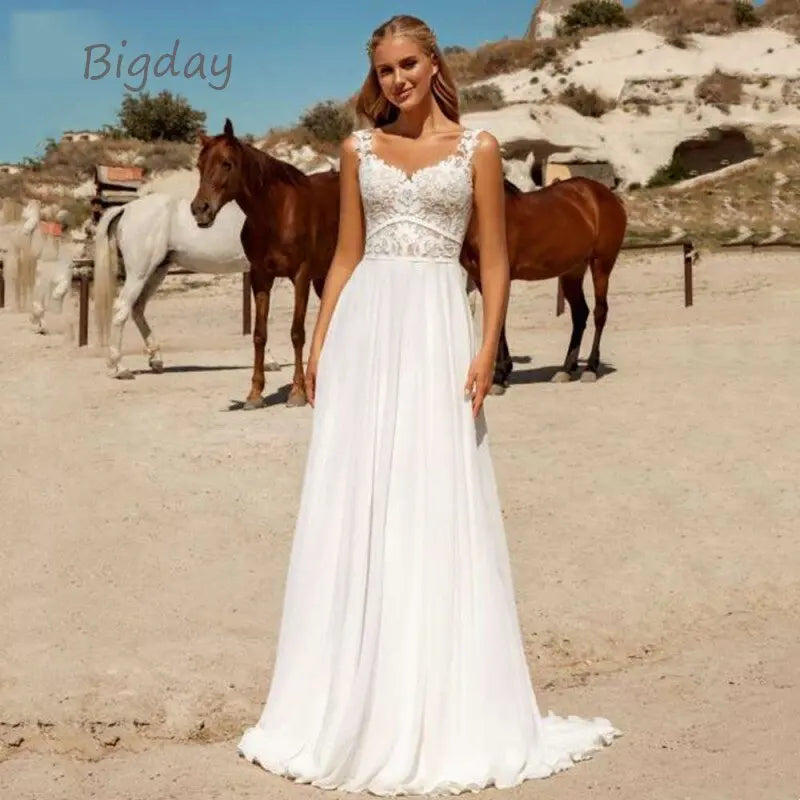 Gaun pengantin kekasih bohemian wanita renda putih terbuka belakang gaun pengantin chiffon applique spaghetti tali vestidos de novia