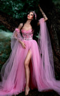 Pink Elegant Princess Evening Gowns Lace Appliques Beaded Sexy High Split Tulle Sweep Train Formal Party Dress