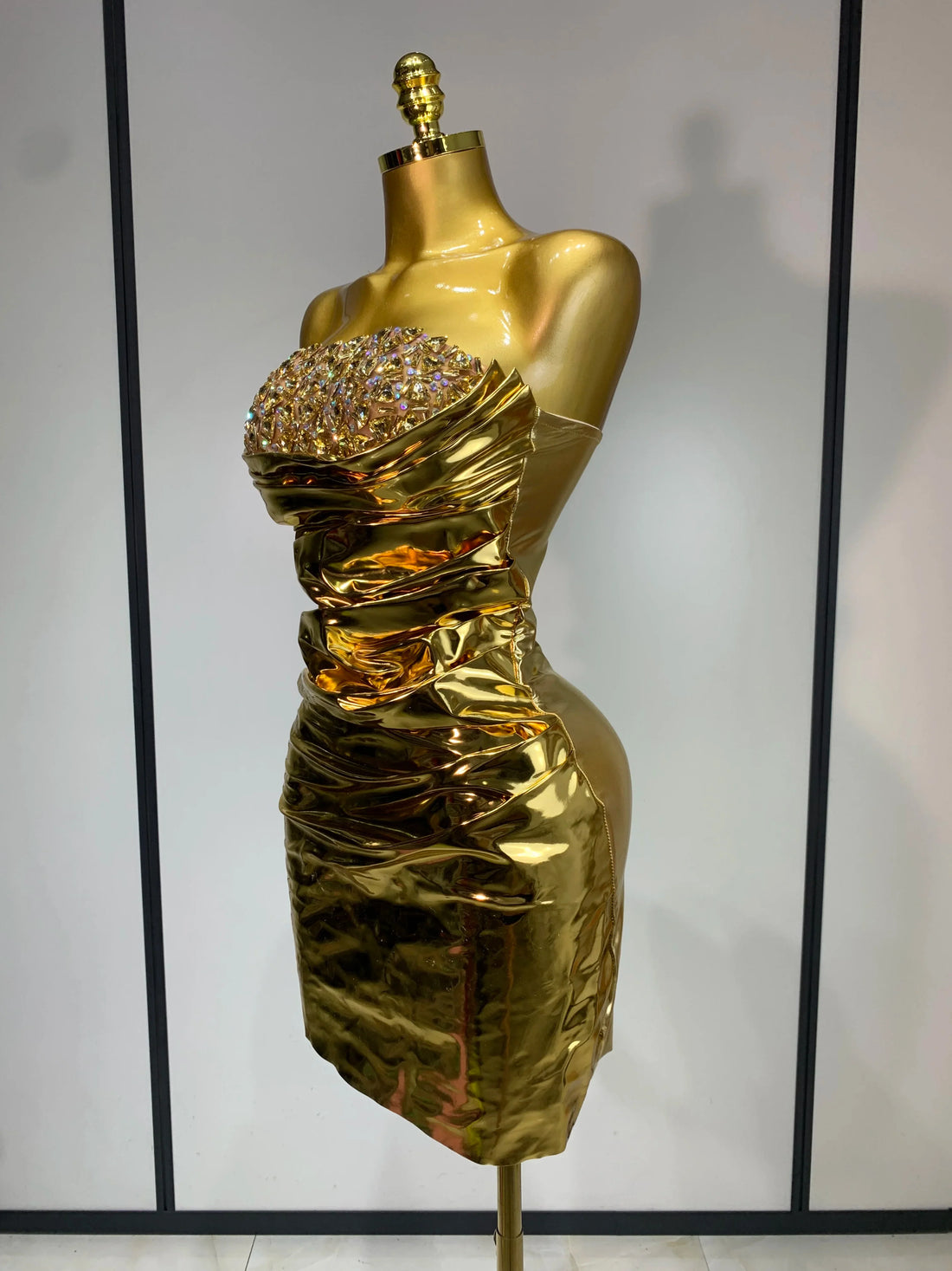 Sparkly Rhinestone Sexy Strapless Bodycon Mini Dress Women Luxury Birthday Evening Party Celebrate Performance Stage Costume Gold