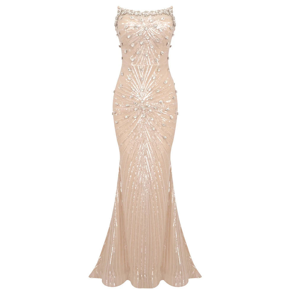 Apricot Sequins Mermaid Long Dress Optical Illusion Strapless Crystals Flowers Embellished Celebrity Evening Party Gowns Beige