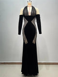 Black Lace Patchwork Velvet Halter Floor Length Dress Celebrity Party Dress Birthday Vestido