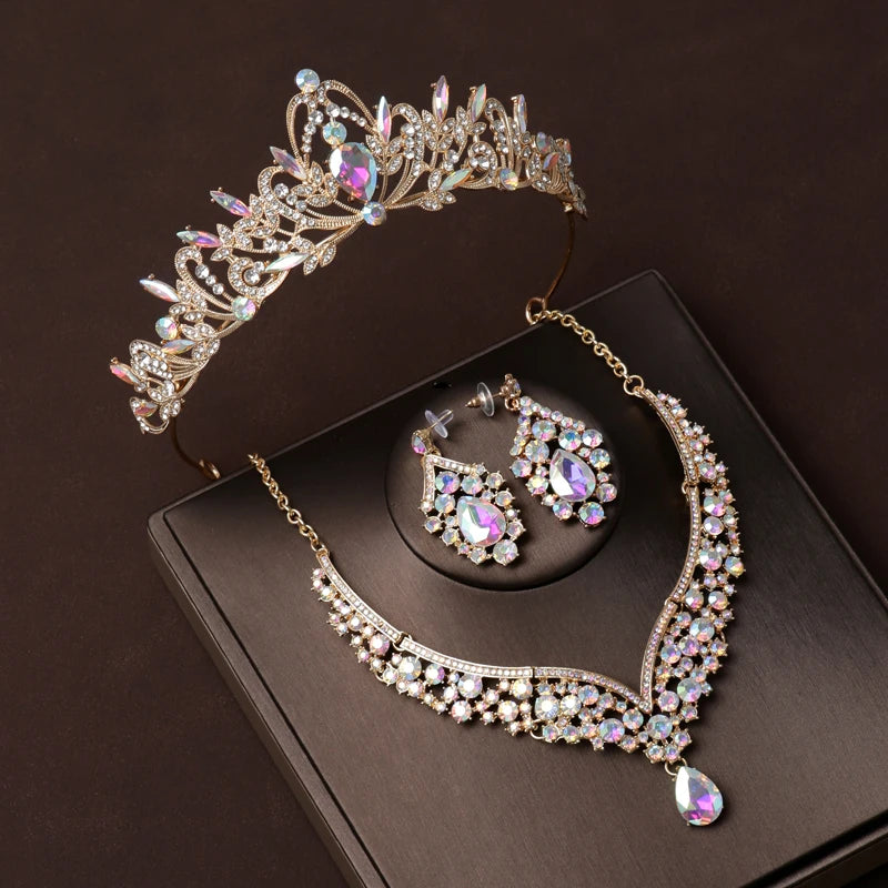Luxury Silver Color Crystal Water Drop Bridal Jewelry Sets Rhinestone Tiaras Crown Necklace Earrings Wedding Dubai Jewelry Set TS-0007-L-XL-0019-C Tiaras