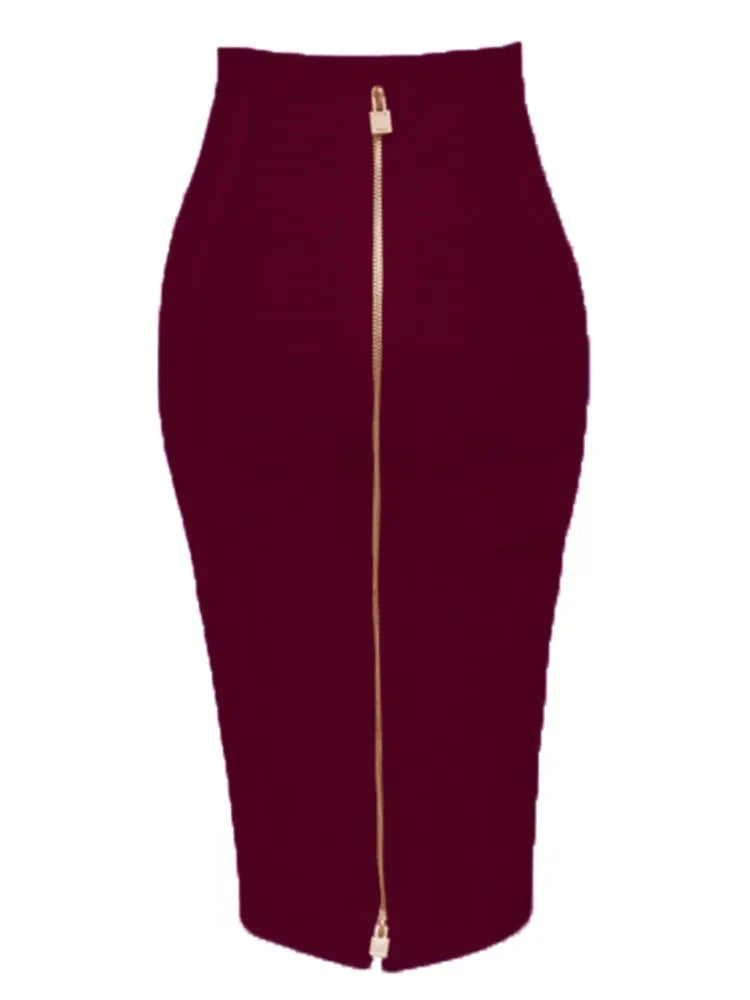 All Match Style 15 Colors Golden Zipper Package Hips Knee Length Bandage Skirt Fashion Office Lady Wear Woman Basics item Claret
