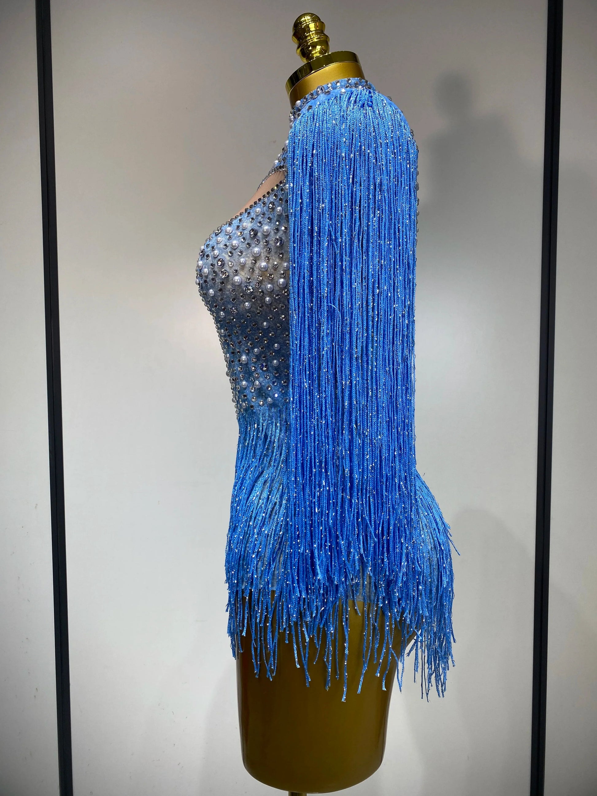 Sparkly Luxury Tassel Bodysuit High Street Strech Transparent Performance Dance Costume Nightclub Celebrate Stage Outfit