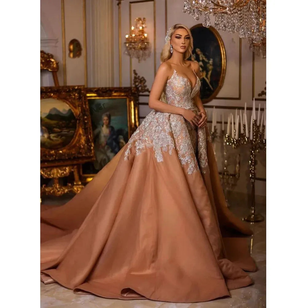 Gold Lace Mermaid Evening Dresses with Detachable Train Luxury Sequins Appliqued Formal Occasion Dress Overskirts Long Prom Gown as picture color