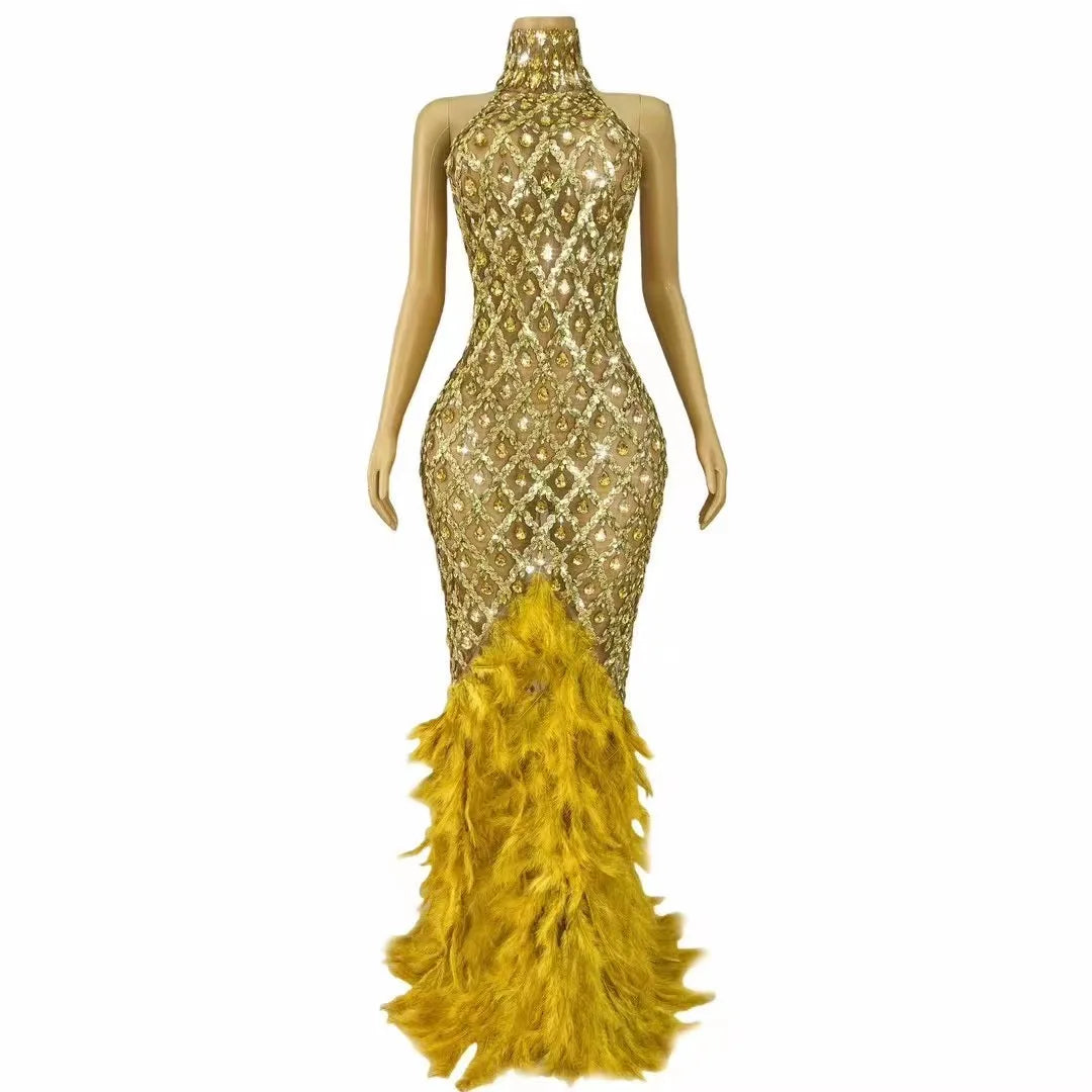 Luxury Shining Gold Rhinestones Feather Sexy Mesh Long Dress Women Birthday Evening Red Carpet Fashion Show Gown Stage Costume Gold