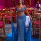 Dubai Arabic Blue Mermaid Evening Dresses with Shawl Cape Off Shoulder Glitter Beads Prom Dress فساتين السهرة vestidos de fiesta