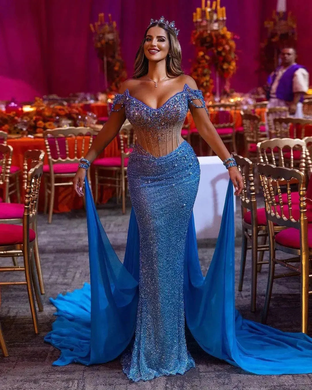 Dubai Arabic Blue Mermaid Evening Dresses with Shawl Cape Off Shoulder Glitter Beads Prom Dress فساتين السهرة vestidos de fiesta Blue