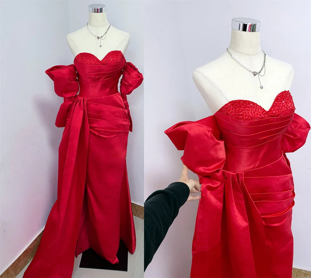 Red Sequins Chest Design Evening Dress Puffy Sleeve Mermaid Prom Dresses High Quality Silk Satin Fishtail Vestidos De Fiesta