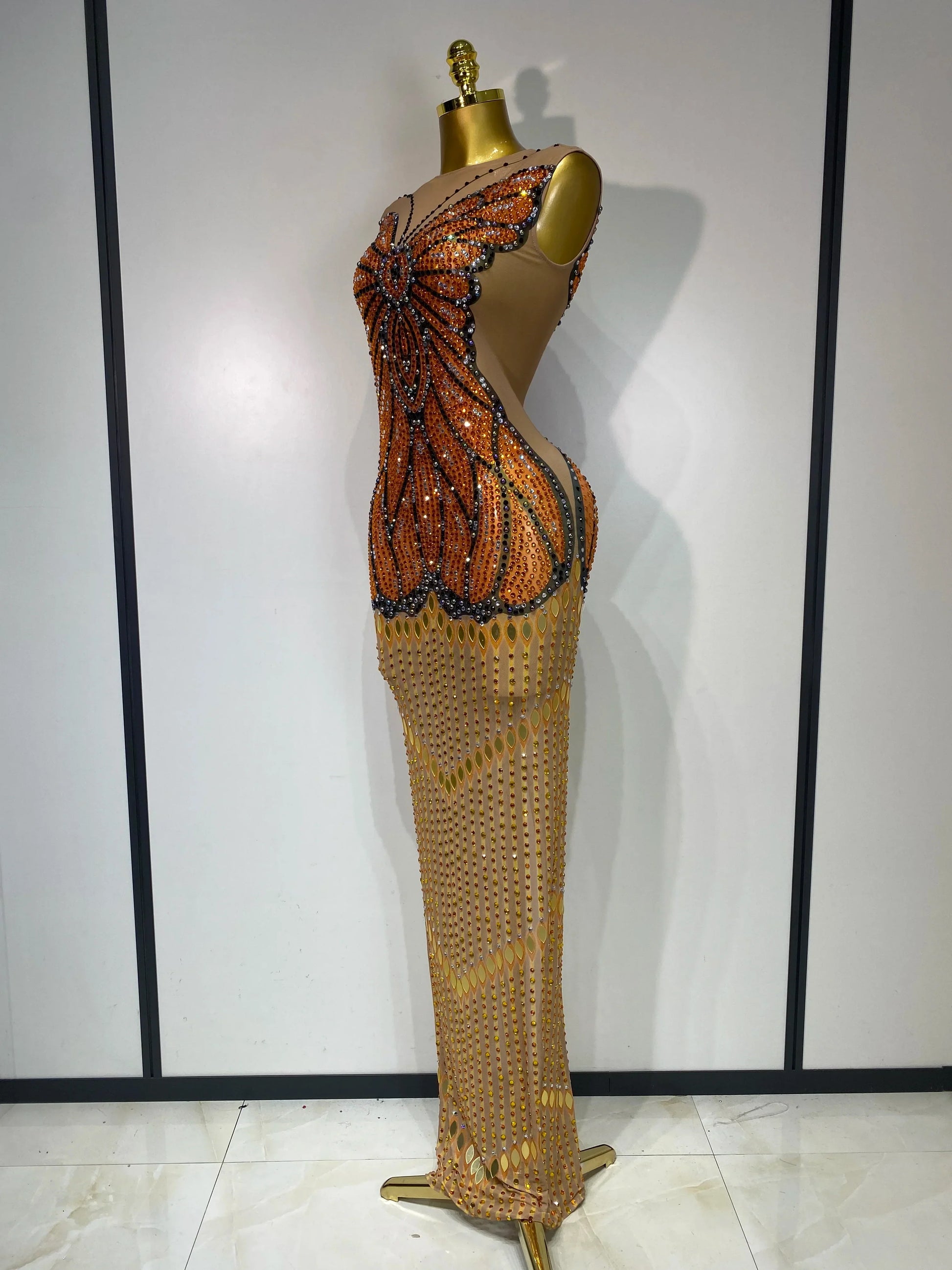 Luxury Rhinestones Mesh Long Dress Elegant Sexy Sleeveless Birthday Evening Party Gown Performance Singer Stage Outfit