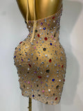 Colorful Crystals Diamond Women Sexy Halter Mesh See Through Bodycon Dress Nightclub Evening Party Celebrate Birthday Costume