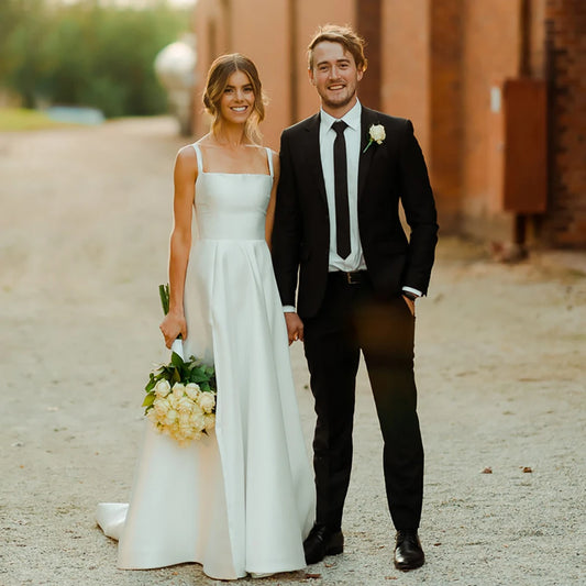 Vestido de novia blanco largo clásico, corte en A, cuello cuadrado, tirantes finos, plisado Formal, Vintage, sin espalda, trajes de novia de alto limo