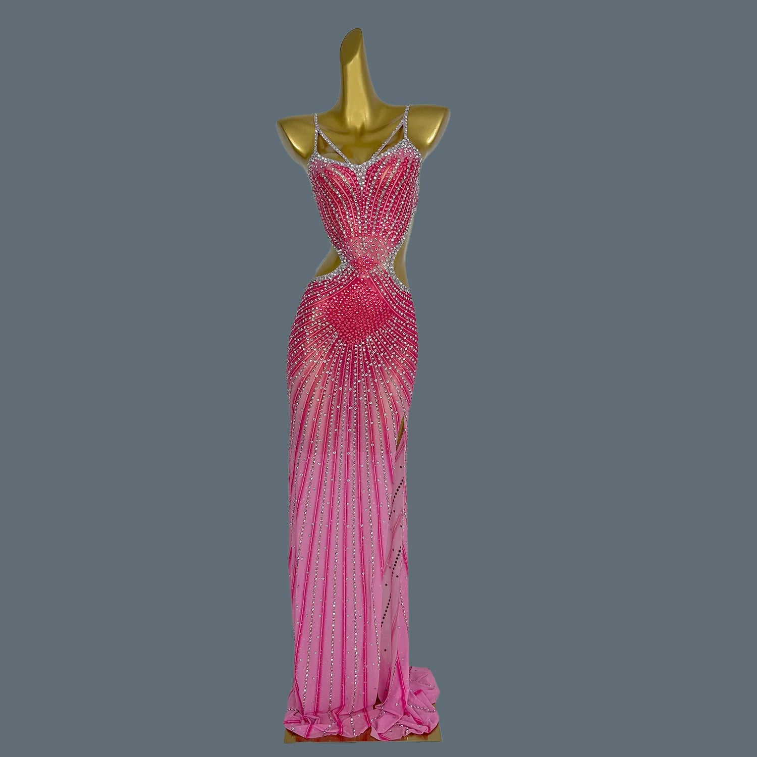 Elegant Crystal Party Evening Gown Cocktail Long Dress Dinner Gown Women Costume Sexy Sparkly Rhinestone Club Party Dress Xigua Rose Red One Size