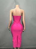 Rosered Color Women Sexy Strapless Shinning Crystal Bodycon Bandage Mid-calf Dress Nightclub Party Celebrate Birthday Outfit