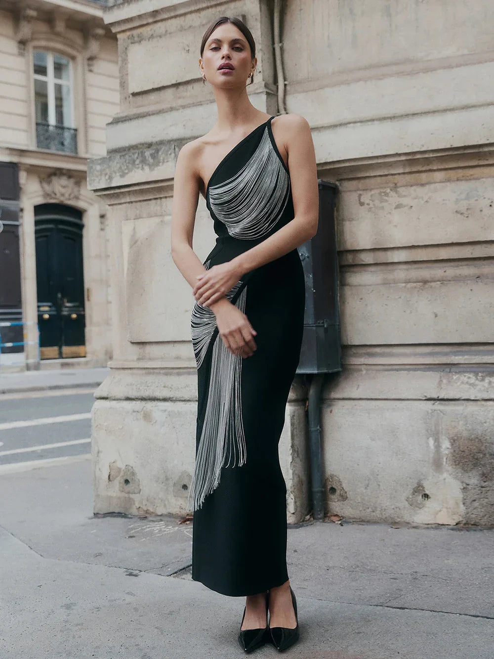 Women Sexy One shoulder Tassels Black Maxi Bodycon Bandage Dress Summer Elegant Cocktail Evening Club Party Gowns