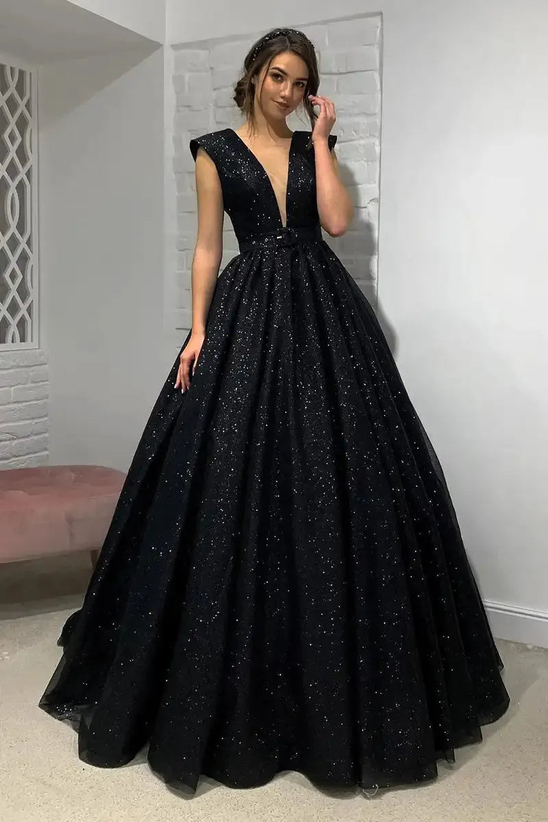 Deep V Neckline Evening Dresses Sparkly Glitters Bling Sequined Sleeveless A Line Formal Party Black Prom Gowns Sweep Train Black