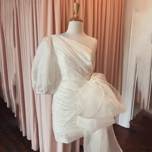 Short Mermaid Wedding Party Dresses One Shoulder Pleat Bridals Gowns with Bow Evening Gowns vestido de noiva casamento Ivory 26W