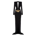 Black Deep V Plunge Long Dress Bead Sequins Butterfly Details Long Sleeves Slim High Slit Pleated Bodycon Party Evening Gowns black