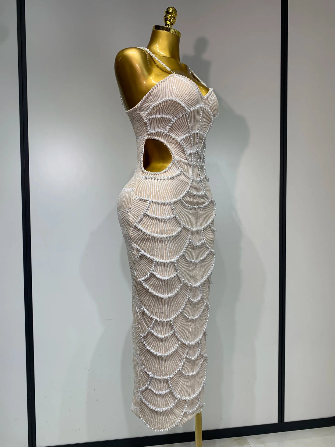 Women Sexy V Neck Pearl Beading Cut Out Maxi Long Bodycon Prom Gowns Dress Luxury Birthday Elegant Evening Party Club Dress Beige