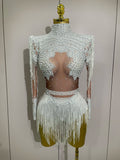 Women Sparkly Rhinestone Sequin Tassel Stretch Bodysuits Birthday Party Nightclub Dj Stage Performance Costume WHITE
