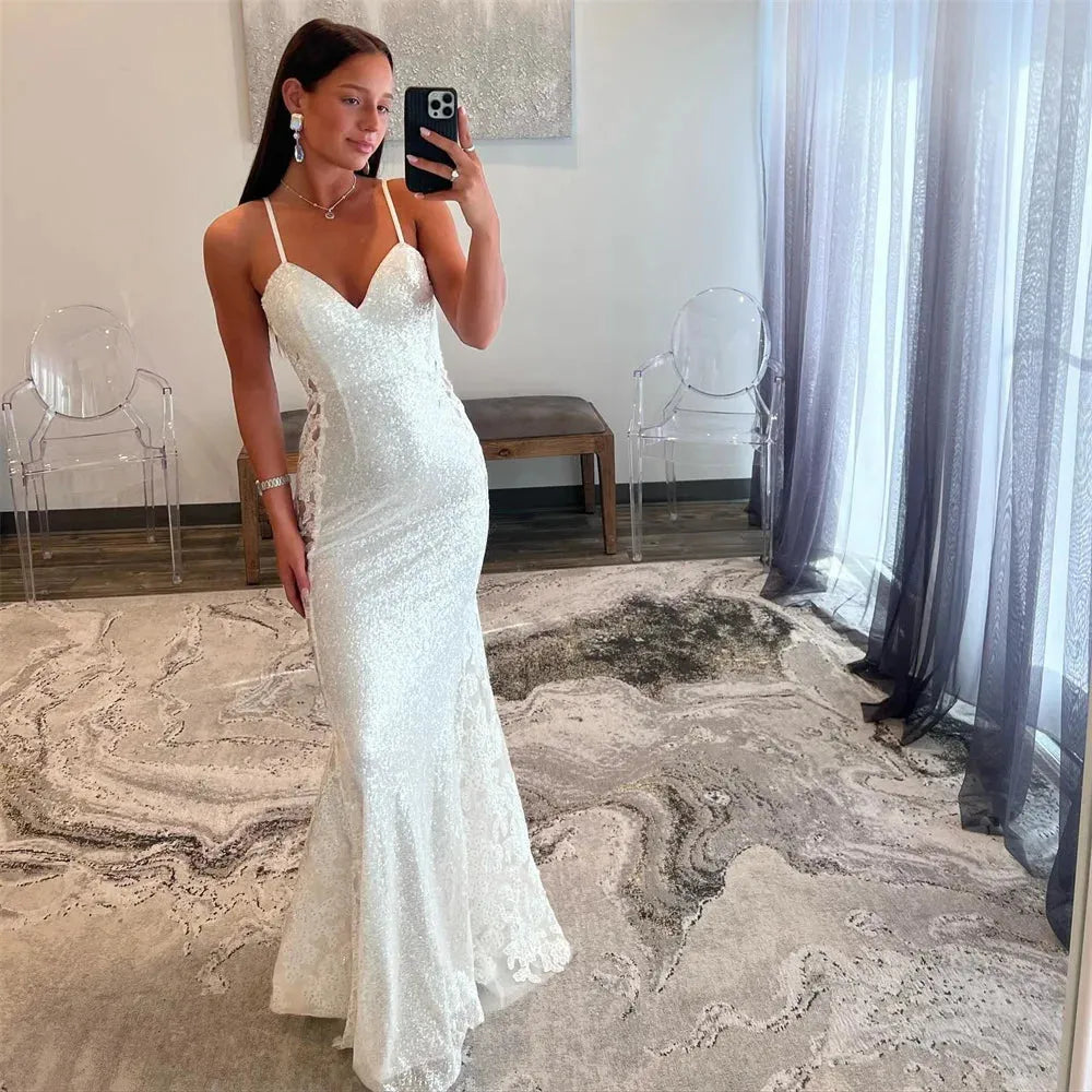 White Mermaid Prom Dresses Spaghetti Strap Evening Dress Elegant Sleeveless Backless Long Train Party vestidos de fiesta as pic