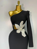 Women Elegant Luxury Black Bandage Party Dress Single Sleeve Cut Out White Pearl Embroidery Flower Midi Long Evening Prom Gowns