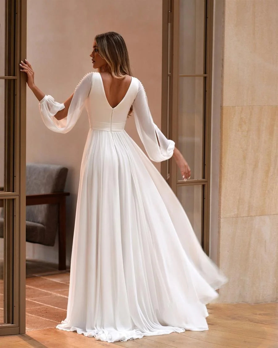 שמלת כלה עם צווארון V עם שרוולים ארוכים וחתונה של בד שיפון מושלמים לנשים להתאים אישית למדדים חלוק דה מאריי