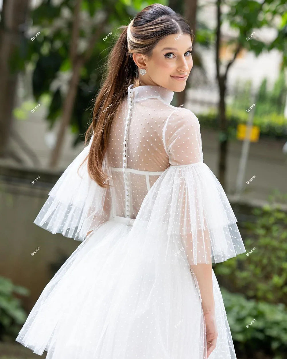 A-Line Midi Wedding Party Dresses High Half SleevesTiered Dots Tulle Brides Party Gowns for Women Evening Dresses