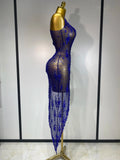 Women Sexy Luxury Birthday Prom Gowns Sparkly Diamond See Through Mesh Stretch Asymmetrical Dress Celebrity Elegant Stage Outfit