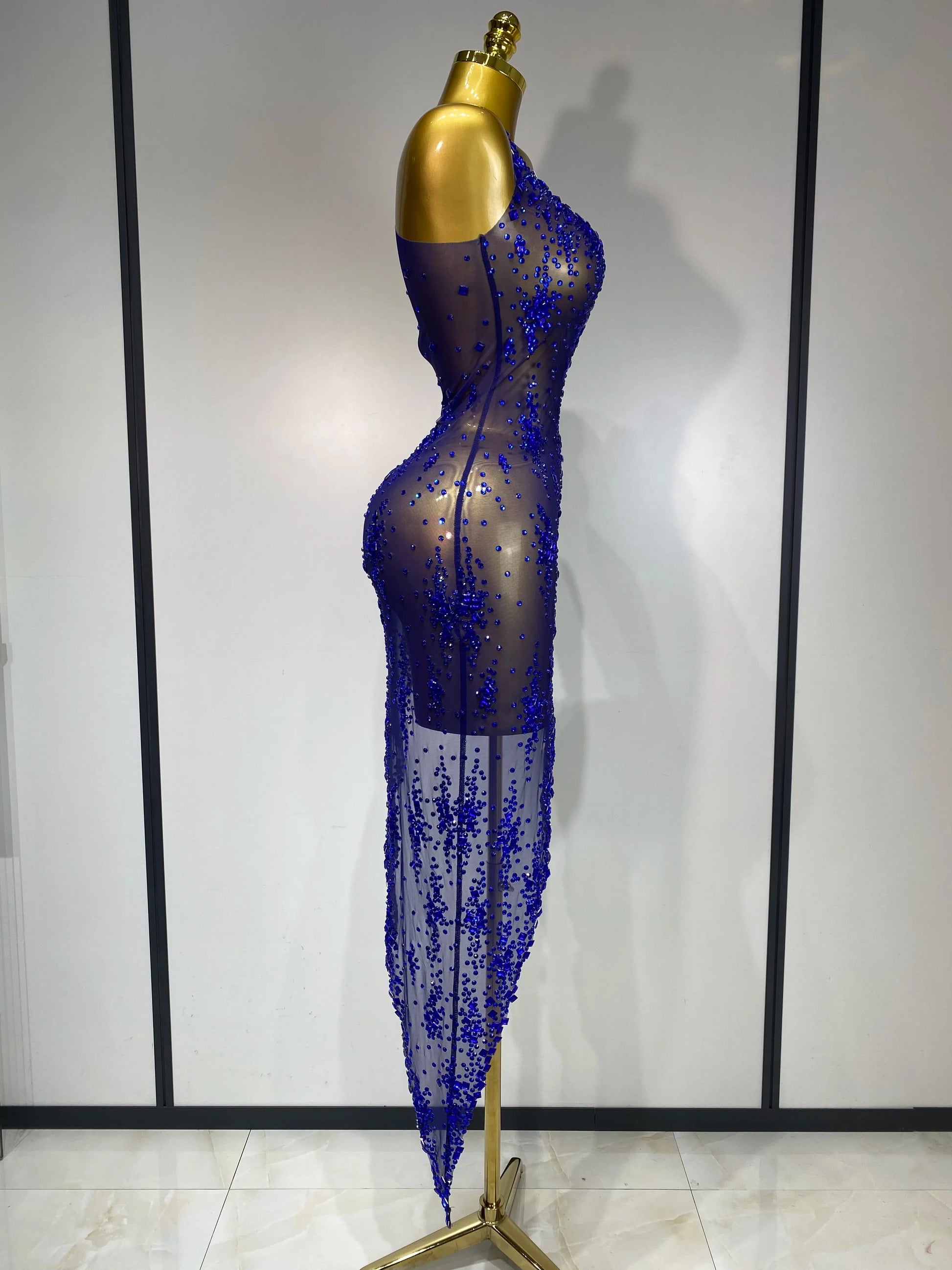 Women Sexy Luxury Birthday Prom Gowns Sparkly Diamond See Through Mesh Stretch Asymmetrical Dress Celebrity Elegant Stage Outfit